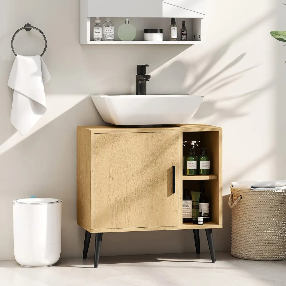 Illustration numéro 3 du produit Meuble sous lavabo salle de bain étagère réglable chêne