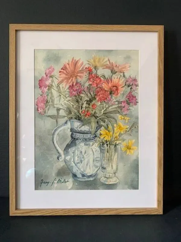 Illustration numéro 3 du produit Aquarelle ancienne signée Jany. F. Millet (1926-1992), bouquet de fleurs sous verre encadré, 1950