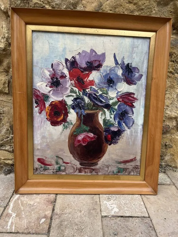 Illustration numéro 3 du produit Tableau vintage – Huile sur toile bouquet de fleurs – signé – années 50