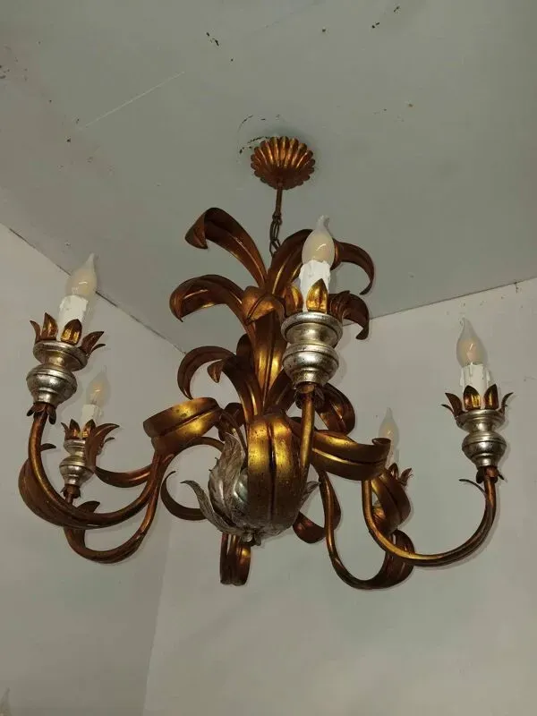 Illustration numéro 3 du produit Lustre 6 bras de lumière style Holywood Regency, années 60-70