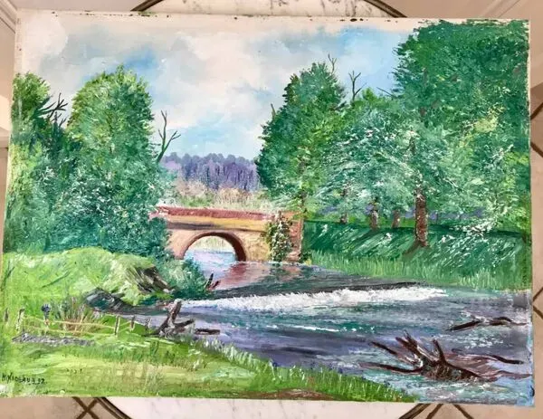 Illustration numéro 3 du produit Tableau huile sur toile paysage rivière signé vintage