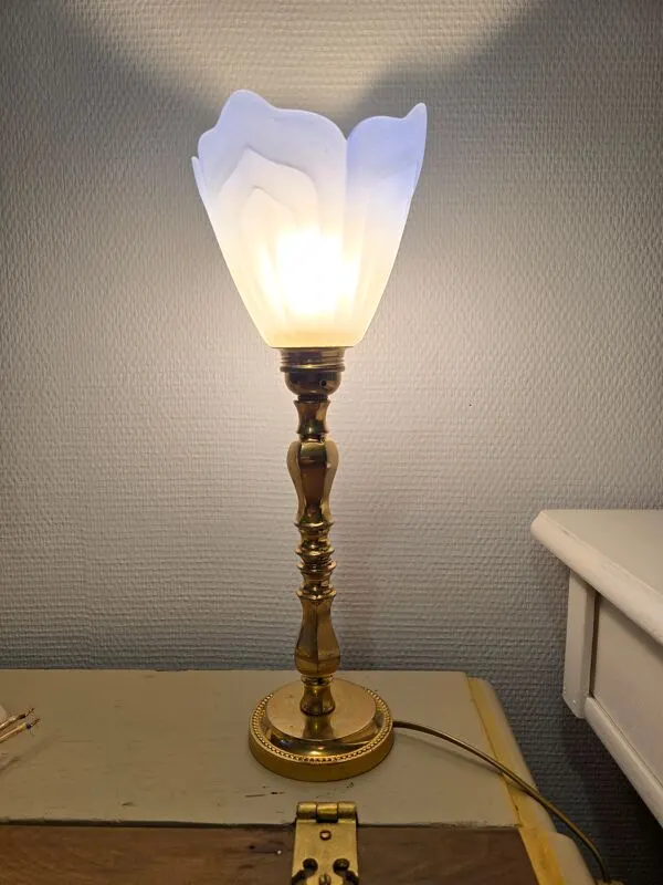 Illustration numéro 3 du produit Lampe à poser bleu doré laiton et tulipe opaline Art nouveau