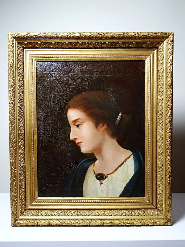 Illustration numéro 3 du produit Ancien portrait de jeune femme de profil, huile sur toile A.Piard XIXe