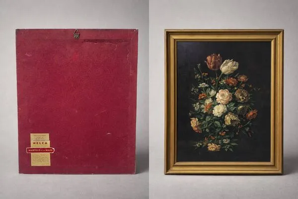 Illustration numéro 3 du produit Tableau vintage nature morte sur plaque métal – cadre doré helca, fabricati