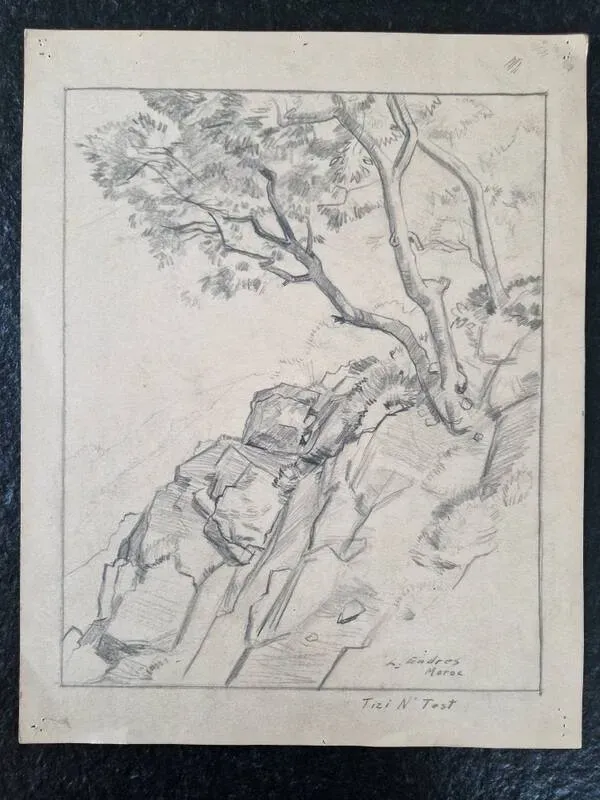 Illustration numéro 3 du produit Louis John Endres (1896-1989) - Dessin au fusain sur papier - Paysage Tizi N'Test, Grand Atlas Maroc