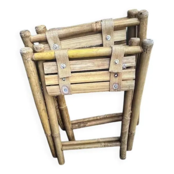 Illustration numéro 3 du produit Paire de tabourets pliants vintage en bambou et bois – France, années 60/70