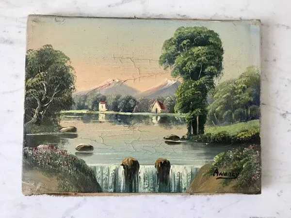 Illustration numéro 3 du produit Tableau huile sur toile rivière vintage