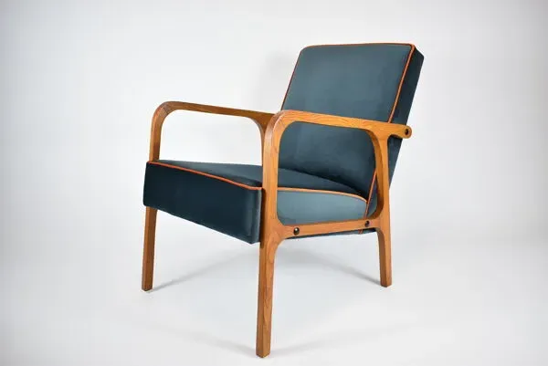 Illustration numéro 3 du produit Fauteuil vintage original velours bleu océan années 1960