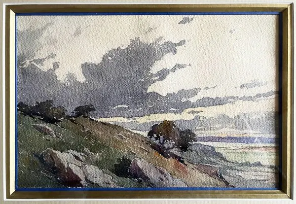 Illustration numéro 3 du produit Tableau Aquarelle ''Paysage sauvage'' éc. XX° + cadre