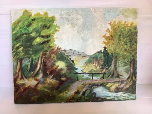 Illustration numéro 3 du produit Tableau paysage avec un petit pont huile sur toile