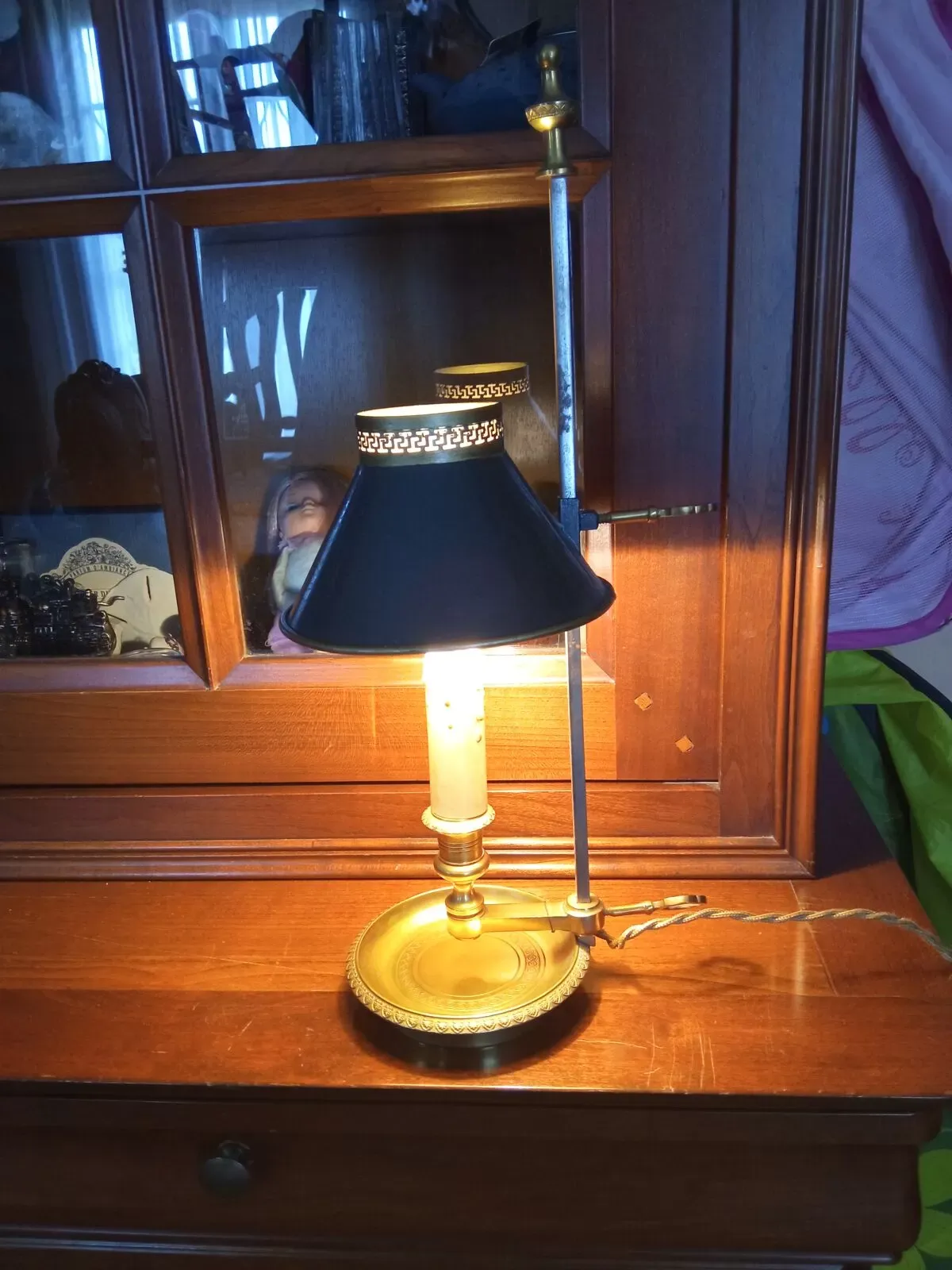 Illustration numéro 3 du produit Lampe Bouillotte 1 bras de lumière bronze abat jour tôle style empire