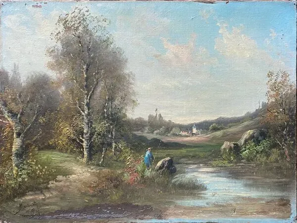 Illustration numéro 3 du produit Tableau ''Baysage animé au pêcheur'' HST signée Martinet XIX°