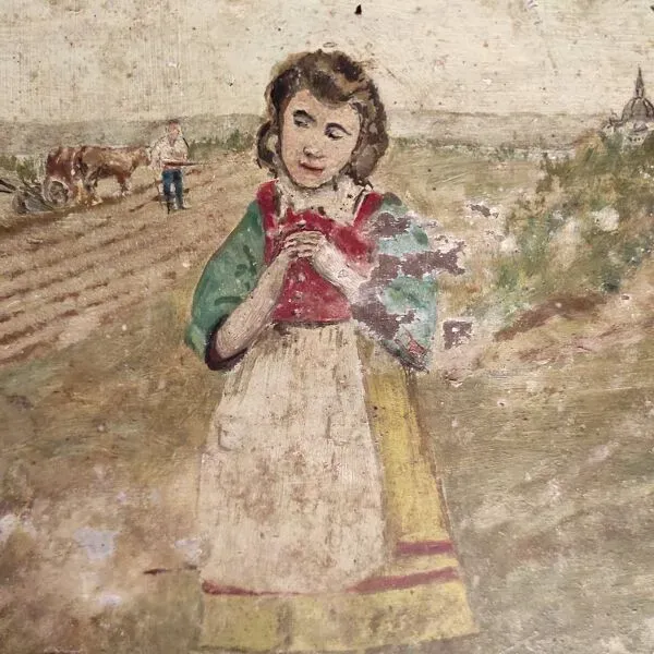 Illustration numéro 3 du produit Français peinture à l'huile vintage, L'Angelus des écoliers, signée D. Ladrens