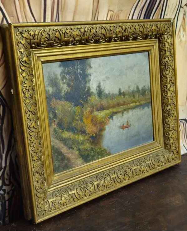 Illustration numéro 3 du produit Huile sur panneau ancienne – paysage au bord de l’eau – cadre ancien doré