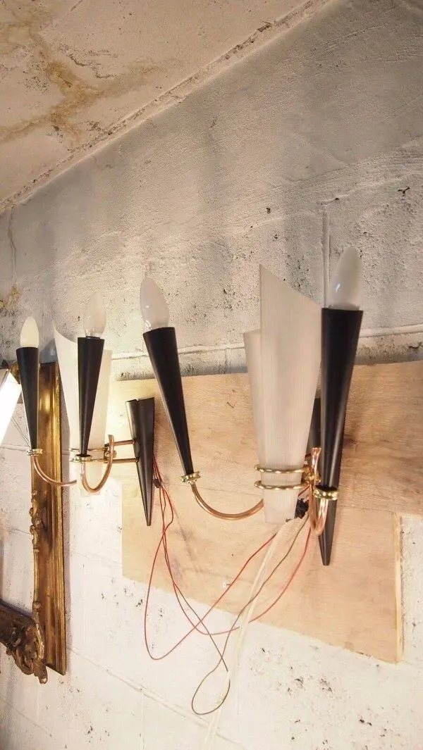 Illustration numéro 3 du produit Paire applique lunel mid century texture perspex laiton dore noir