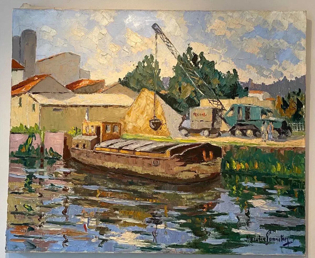 Illustration numéro 3 du produit Tableau ancien, péniche à quai, signé Maurice Pannetier, années 70/80