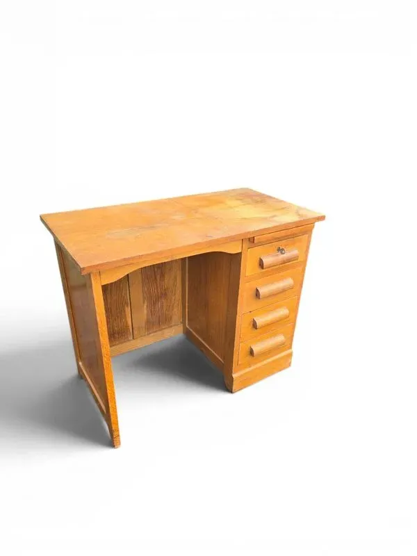 Illustration numéro 3 du produit Bureau vintage en chêne clair avec caisson et tablette coulissante