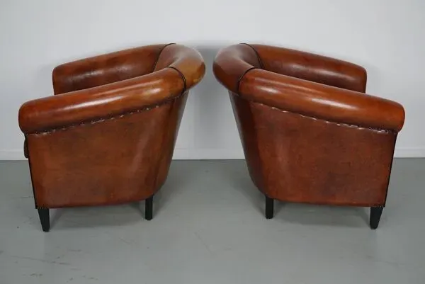 Illustration numéro 3 du produit Fauteuil club vintage hollandais en cuir couleur cognac, lot de 2