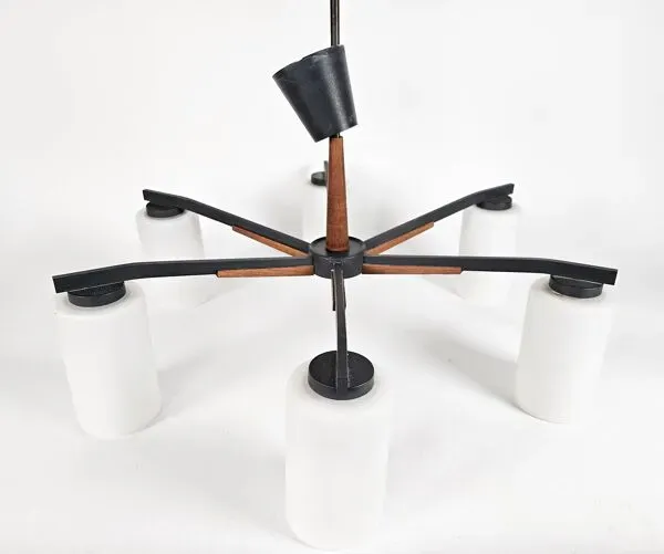 Illustration numéro 3 du produit Vintage - Denemarken - Plafonlamp 6 armige - teck - métal - verre opalin - années 60