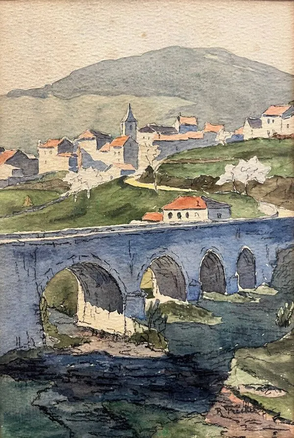 Illustration numéro 3 du produit Tableau Aquarelle Village et aqueduc début XX° signé + cadre
