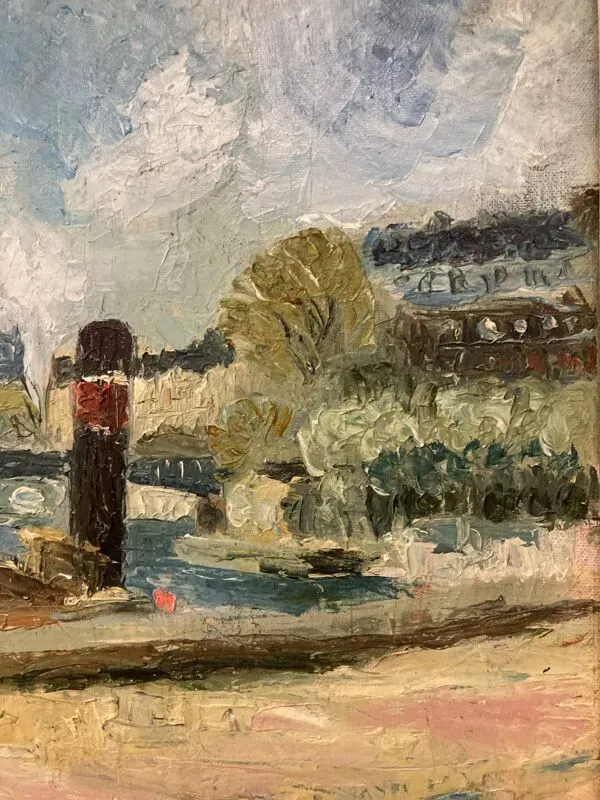 Illustration numéro 3 du produit Péniche parisienne à quai, huile sur toile marouflée