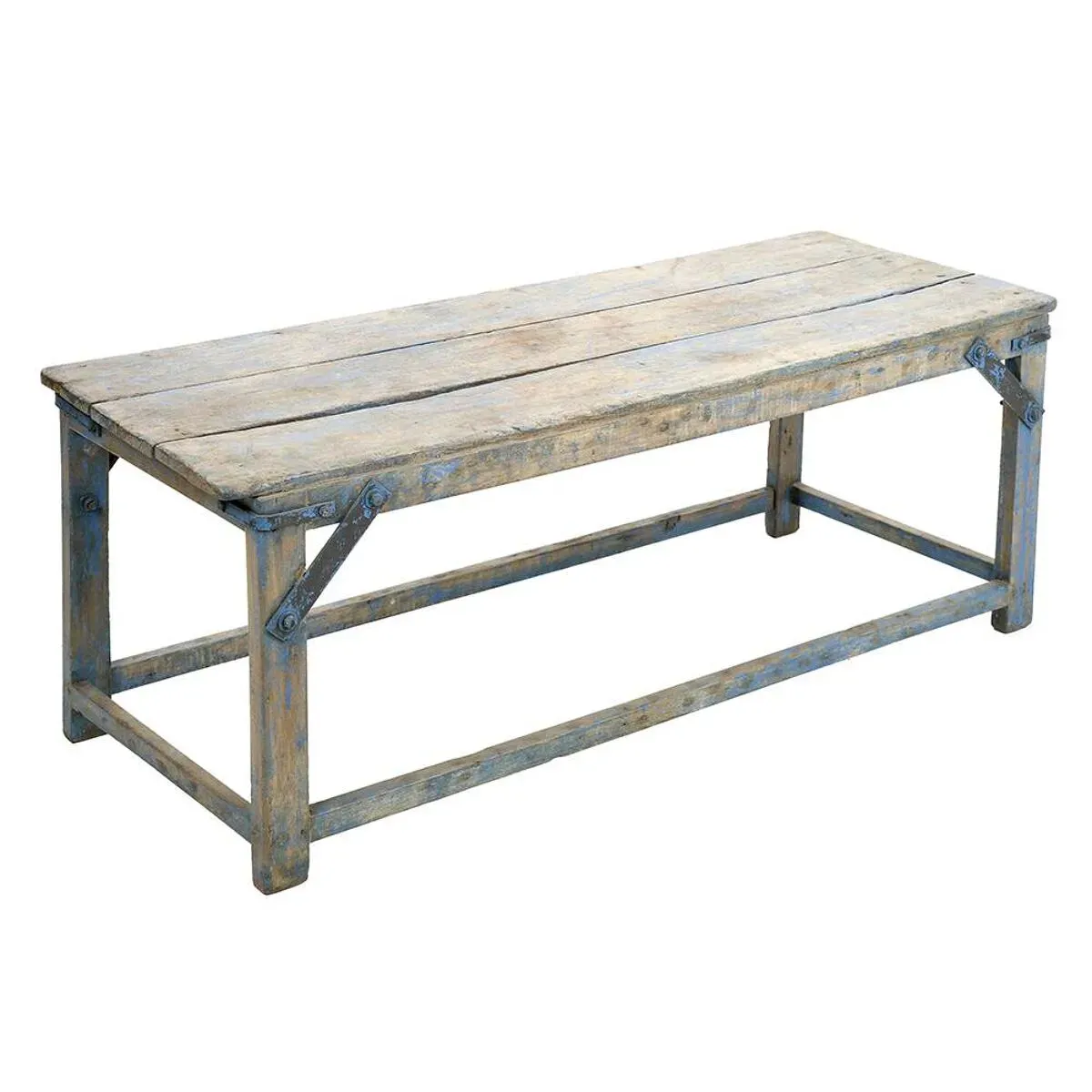 Illustration numéro 3 du produit Table basse en bois et renforts en métal à patine bleue