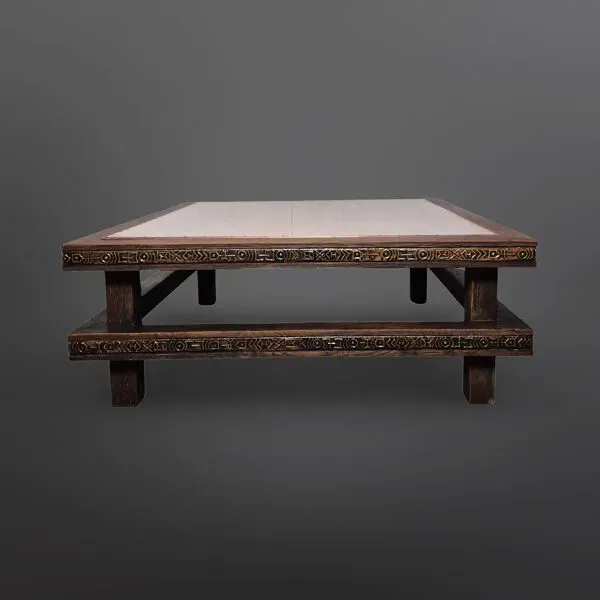 Illustration numéro 3 du produit Table basse carrée en chêne brutaliste avec plateau en cuivre, Pays-Bas, années 1950.