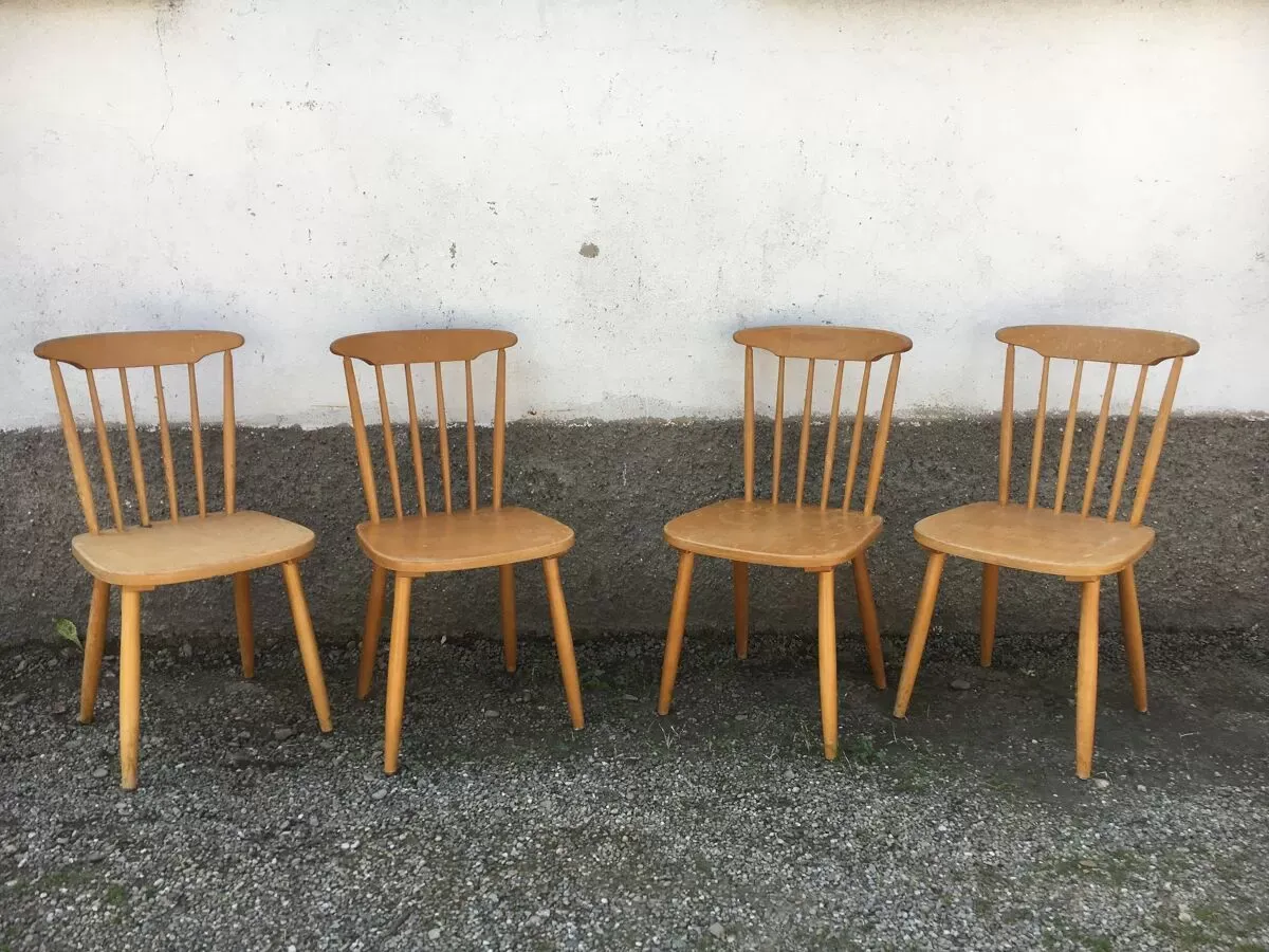 Illustration numéro 3 du produit Série de 4 chaises bistrot/bohème hêtre - pieds compas - vintage - scandinave 1950
