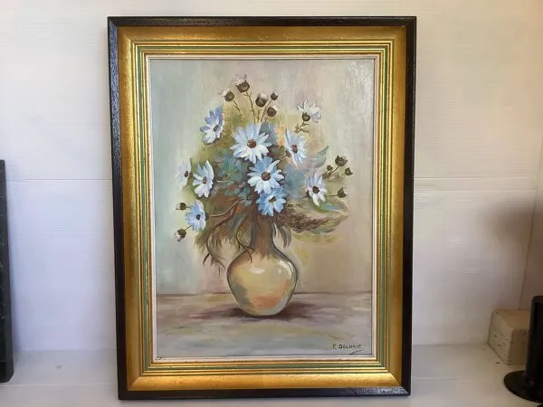 Illustration numéro 3 du produit Tableau bouquet de fleurs bleues huile sur toile signée