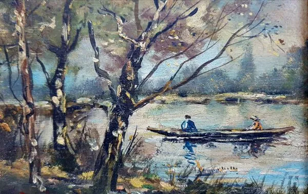 Illustration numéro 3 du produit Tableau ancien la promenade en barque Signé Duval