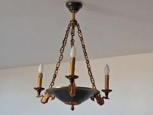 Illustration numéro 3 du produit Lucien Gau French Empire Bronze Chandelier: Swan Arms, Green Tole