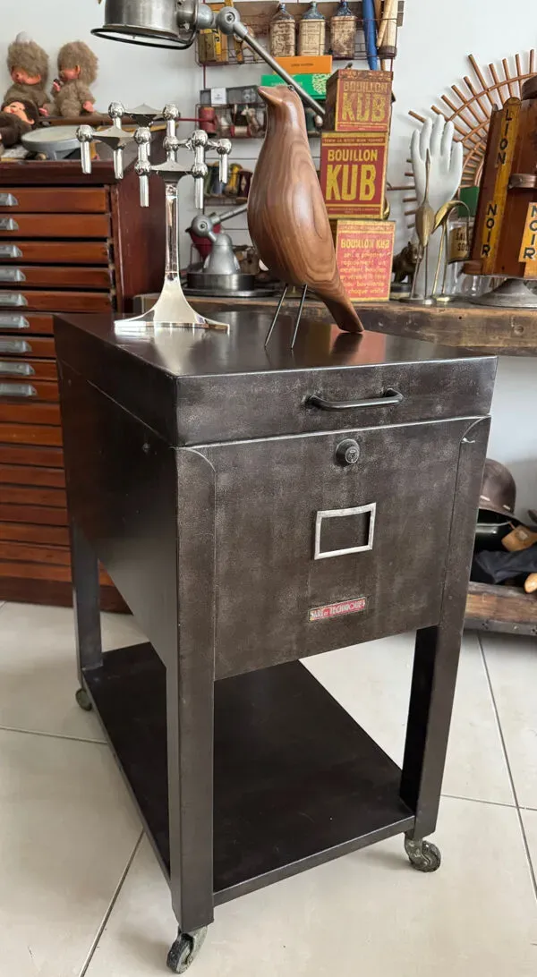 Illustration numéro 3 du produit Ancien meuble classeur industriel vintage à roulettes