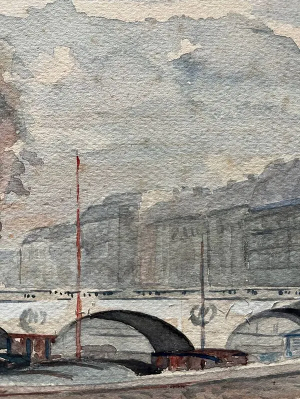 Illustration numéro 3 du produit Tableau Aquarelle début XX° Pont de Paris Bord de Seine signé J. M. Nicolle