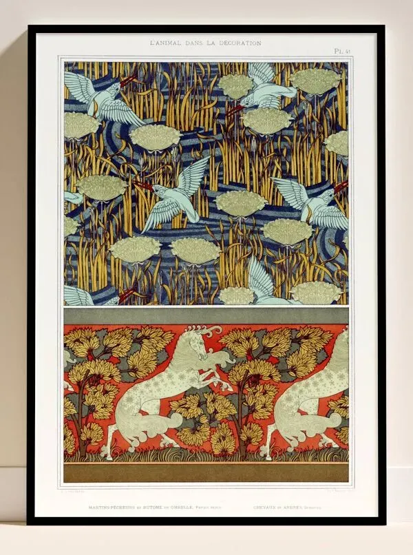 Illustration numéro 3 du produit Affiche “Martins-pêcheurs et chevaux”, d’après une lithographie art nouveau
