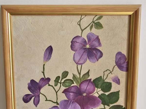 Illustration numéro 3 du produit Tableau huile sur panneau - fleurs clématites mauves signé colson lydie