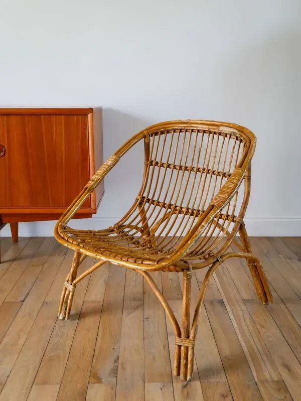 Illustration numéro 3 du produit Fauteuil coquille en rotin et bambou, début XXème