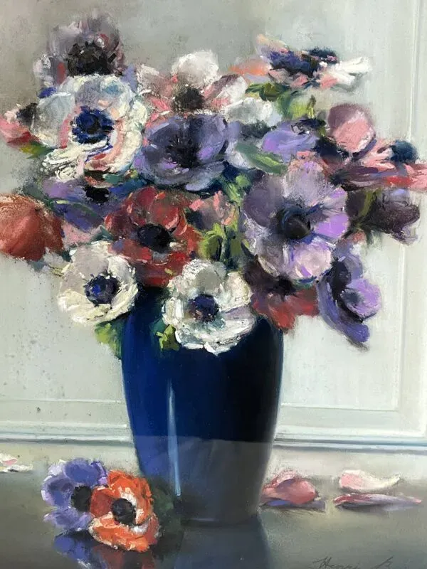 Illustration numéro 3 du produit BURON Henri, Pastel nature morte bouquet anémones signé vers 1950