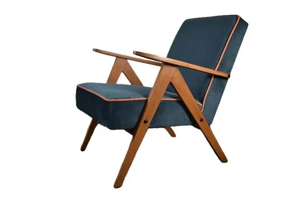 Illustration numéro 3 du produit Chaise compas restaurée, tissu jaune canari, fil orange, teck, 1960