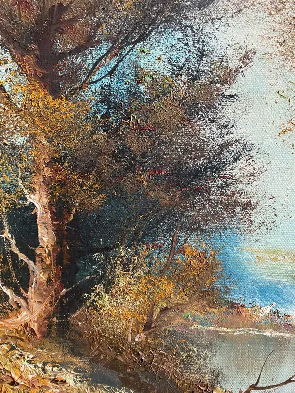 Illustration numéro 3 du produit Tableau HST ''Paysage à la rivière'' signé école Italienne avec cadre