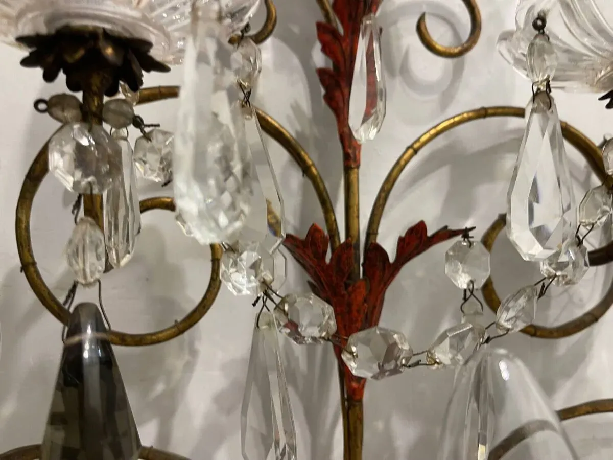 Illustration numéro 3 du produit Lot de 2 appliques florentines en cristal Tole des années 1950