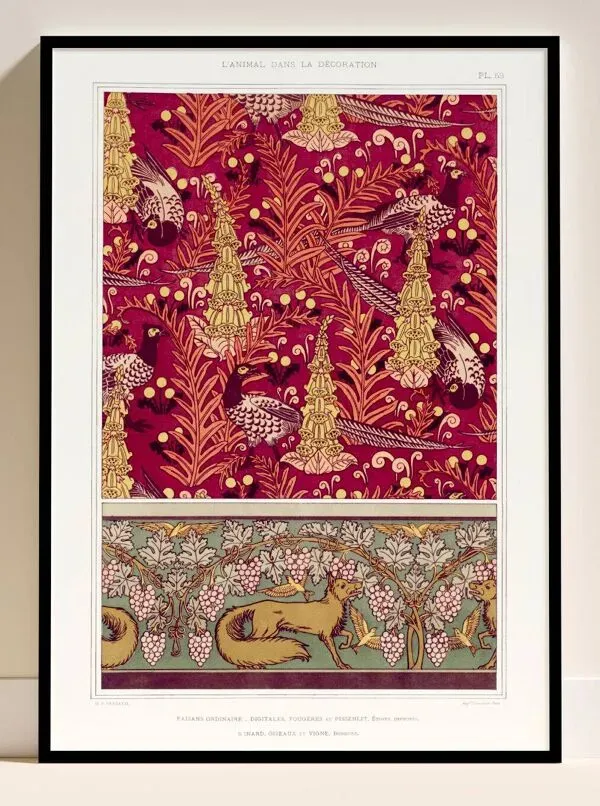 Illustration numéro 3 du produit Affiche “Faisans ordinaires et renard”, d’après une lithographie art nouvea