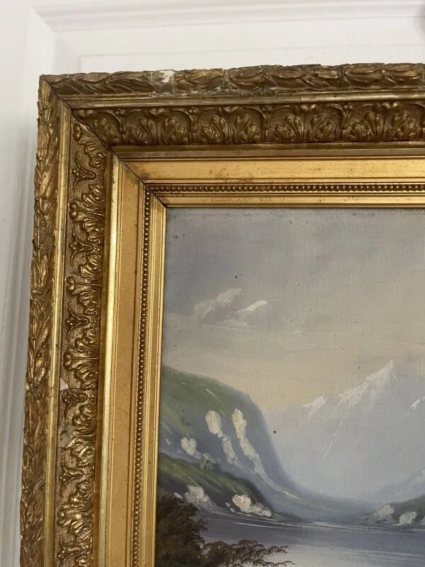 Illustration numéro 3 du produit Ancien Tableau Peinture Huile Toile Ecole Suisse Montagne Lac Berger Signé