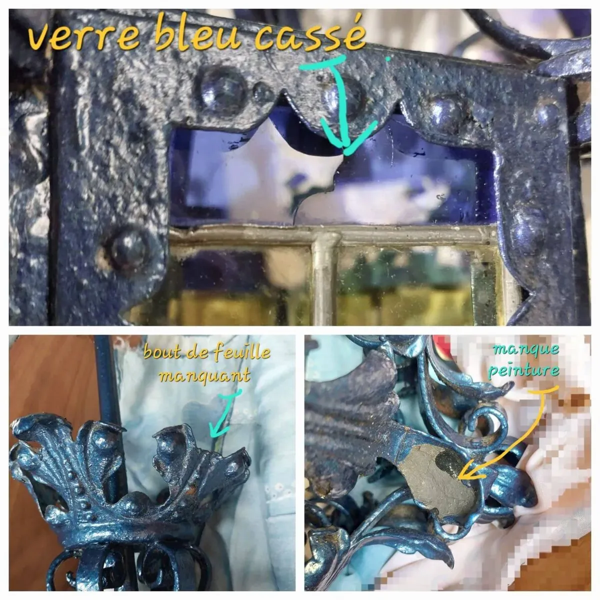 Illustration numéro 3 du produit Grande lanterne antique en fer forgé avec vitraux