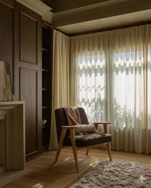 Illustration numéro 3 du produit Fauteuil rétro en tissu en laine cacao, bois de hêtre naturel
