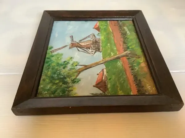 Illustration numéro 3 du produit Petit tableau paysage moulin huile sur panneau signée