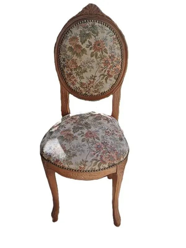 Illustration numéro 3 du produit Chaise bois vernissé marron 1940 Chaise tissu assise jacquard fabrication tapissière