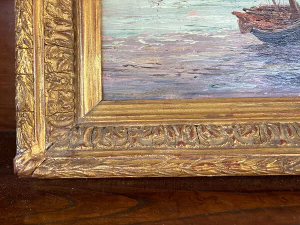 Illustration numéro 3 du produit Tableau ancien marine – Huile sur panneau signée Léo Spanoghe