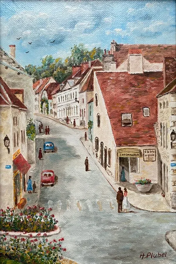 Illustration numéro 3 du produit Tableau HST Henri Plubel XX° ''Grande rue de Mirebeau sur Bèze'' + cadre