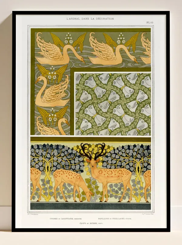 Illustration numéro 3 du produit Affiche “Cygnes et Cerfs”, d’après une lithographie art nouveau de 1897
