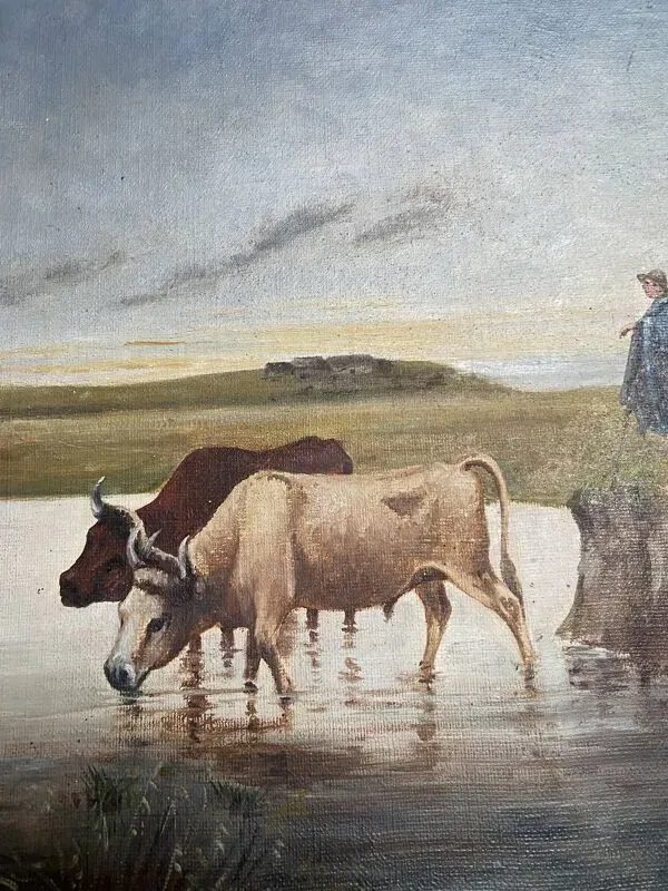 Illustration numéro 3 du produit Tableau Scène pastorale à la rivière – École française, fin XIXe siècle